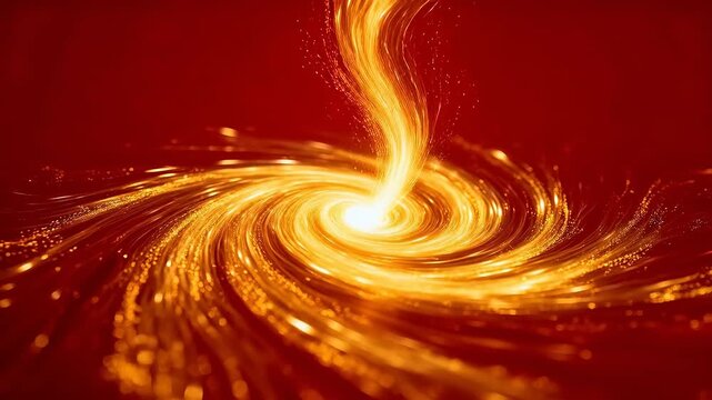 Golden spiral vortex with a bright light center radiating on a deep red background