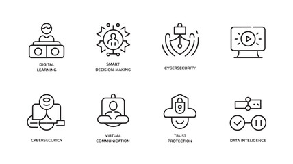 Fototapeta premium Technology Line Icons for Digital Learning, Cybersecurity, Data Intelligence and Business Innovation Concepts