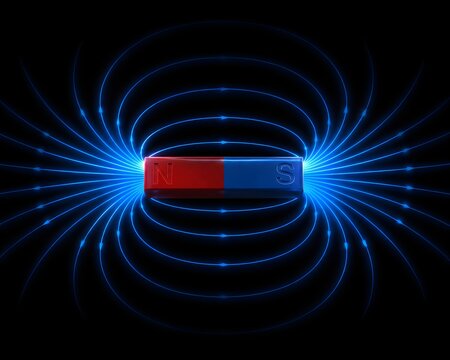 Dynamic Magnetic Flux Lines Looping Idealized Bar Magnet Electric Blue Black Background Render