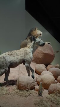 Abu Dhabi, UAE, May 5, 2026 : Taxidermy Spotted Hyena and Lion African Savanna Diorama at the Natural History Museum Abu Dhabi, UAE