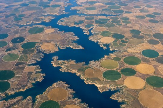 Aerial view of circular farm fields and a large winding reservoir patterns in the landscape geometric design vast pers png