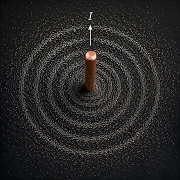 Circular magnetic field lines revealed by fine iron powder surrounding a thick copper wire carrying a direct current top png