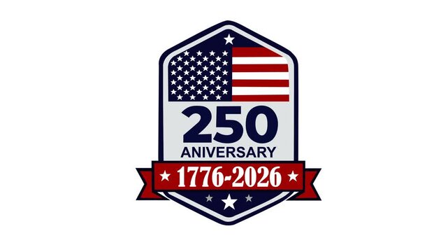 Patriotic United States 250th Anniversary emblem featuring American flag elements, bold anniversary text, and 1776&ndash;2026 commemorative ribbon. Ideal for national celebrations and heritage themes.