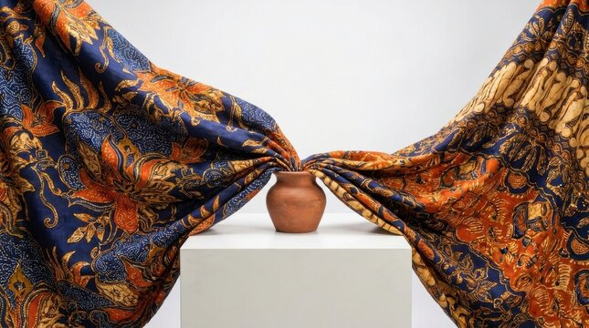 Traditional Indonesian batik fabric with intricate floral and geometric patterns in blue, orange, and gold, unfurling from a small clay terracotta pot on a white pedestal.