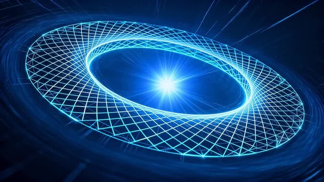 Blue glowing circular grid structure with bright center point and dynamic lighting