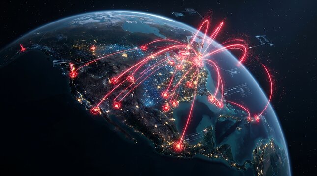 Digital communication network glowing over North America globe with data transfers representing global connectivity and high speed internet infrastructure in futuristic 3D visualization render