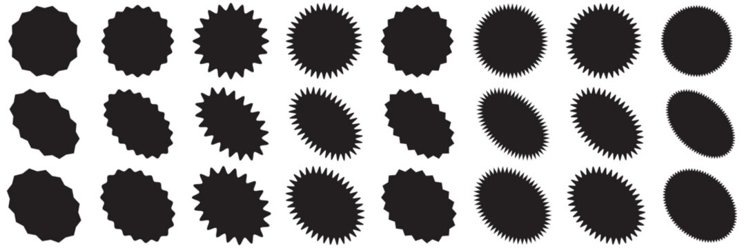 Various badge shapes for starburst print and digital promotional materials vector. Set of yellow star burst shape tags for price. Circle sticker. Wavy edge promo badges. Blank sale stickers collection