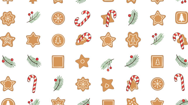 Festive Seamless Pattern Featuring Geometric Gingerbread Cookies Striped Candy Canes and Green Pine Branches on White