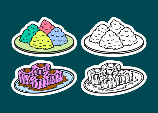 Traditional Asian Sweet Rice Cakes Color and Outline Set