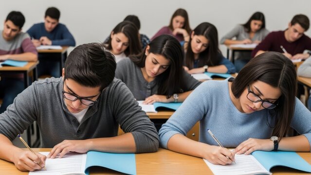 Group of young diverse students in glasses writing test answers at wooden desks Wallpaper Background image