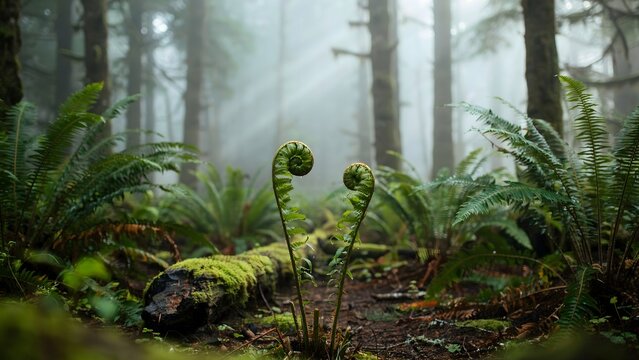 Young fern unfurling new frond in misty forest &ndash; Suitable for personal development concepts, growth potential, or spring nature topics.