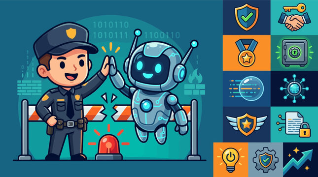 Vector illustration of a chibi police officer and a robot high-fiving over a broken barrier, featuring cybersecurity icons, firewall graphics, binary code, and a red alert light.