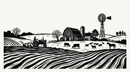 Rustic black and white linocut farm scene with farmer on tractor plowing soil, wooden barn, silo, windmill, and domestic animals grazing on rolling hills in a traditional block print style art. © Ayong