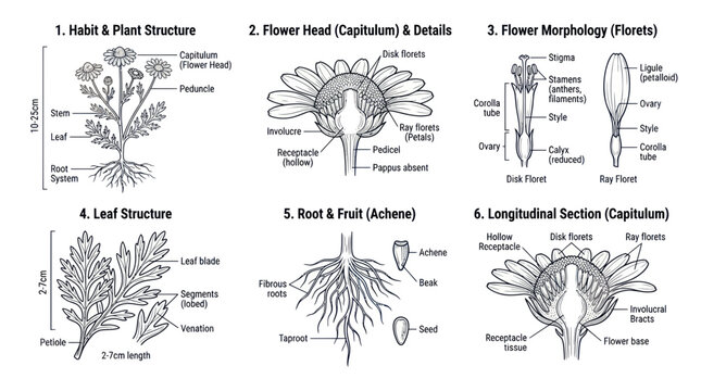 Botanical diagram showing daisy plant structure and flower anatomy