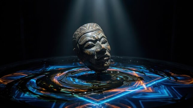 Hand-carved traditional Indonesian wooden Topeng mask hovering above a swirling circular portal of neon blue and amber light patterns under a cinematic spotlight.