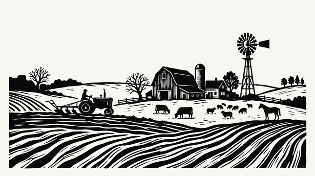 Rustic black and white linocut farm scene with farmer on tractor plowing soil, wooden barn, silo, windmill, and domestic animals grazing on rolling hills in a traditional block print style art.