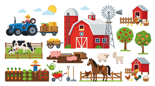 Comprehensive flat vector illustration set featuring farm buildings, a red barn, windmill, blue tractor, agricultural tools, garden vegetables, fruit trees, and various livestock on white backdrop.