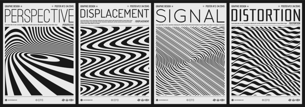 Wavy striped pattern. Optical illusion. Dynamic background. Displacement from multiple sliced lines. Illustration for brochure, poster, cover, card, presentation, flyer or banner.