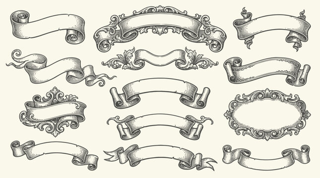 Decorative set of hand-drawn vintage ribbon banners, parchment scrolls, and ornate baroque frames with woodcut engraving style details for labels, wedding invitations, and certificates.