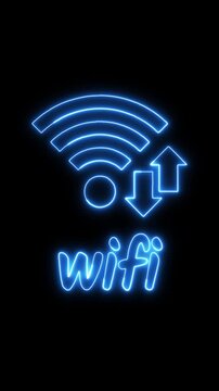 A neon blue wifi symbol with arrows and the word wifi glowing brightly