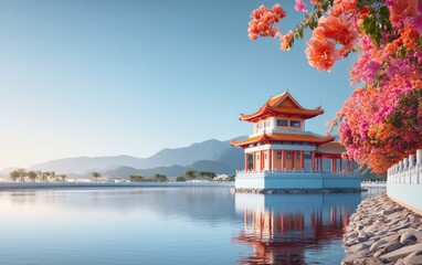 Obraz premium Serene Traditional Temple Surrounded by Blossoming Flowers and Water