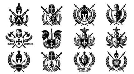 Fototapeta premium Collection of twelve medieval and ancient heraldic emblems featuring knight and spartan helmets, shields, crossed swords, and laurel wreaths in black and white silhouette vector style for logo design.