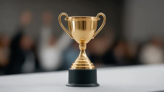 Shiny golden trophy cup with black base placed on white table with blurred multiracial people hand raising in celebration in background