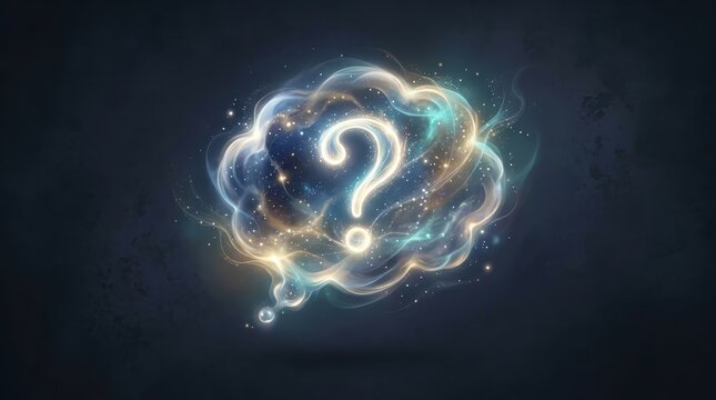 A Luminous Question Mark Encased in a Swirling Thought Bubble, Emanating Cosmic Energy and Sparkles