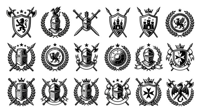 Large set of medieval heraldry emblems with knight helmets, shields, swords, axes, and royal symbols like crowns and wreaths, perfect for vintage logos, gaming assets, and historical design.