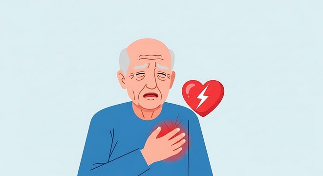 Illustration of an elderly man experiencing chest pain and heart attack symptoms
