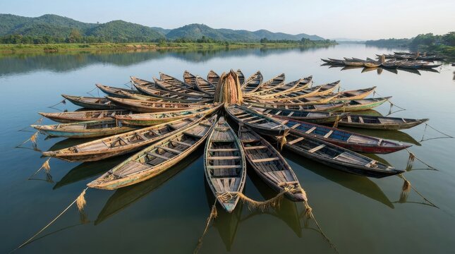 A collection of traditional wooden fishing boats tied together in a symmetrical circular formation on a calm river, with misty green mountains and a clear sky in the background.