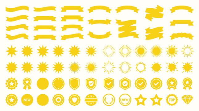 Big Collection of Yellow Graphic Design Elements Including Ribbons, Banners, Sunbursts, Badges, Seals, and Stars for Marketing and Web Design Projects on White Background.