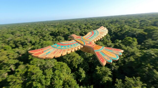 Intricately carved bird-shaped wooden glider with colorful hand-painted geometric patterns soaring over a lush green forest landscape under a clear blue sky.