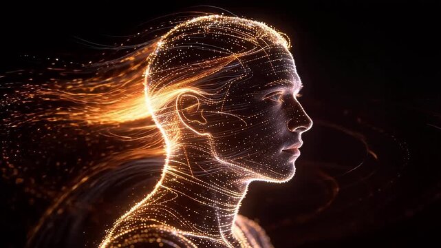 Digital human profile outlined with golden glowing points and flowing light lines
