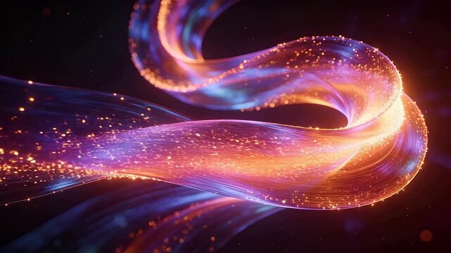 Colorful twisted silk light strands with golden dots in deep dark background