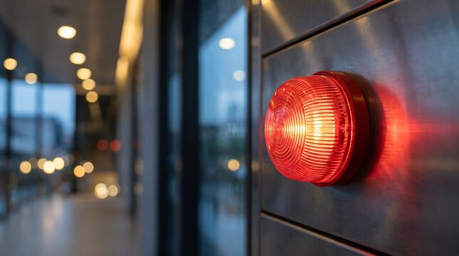 Red emergency fire alarm signal strobe light mounted on metal wall in modern office hallway showing safety equipment and building evacuation alert systems for fire prevention