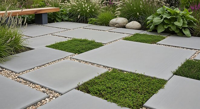Modern garden pathway with square stone slabs and green grass infill between plants