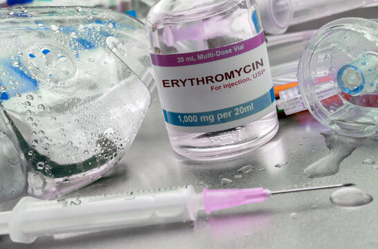 Vial of erythromycin, an anti-infective agent prepared for intravenous administration in a hospital, conceptual image