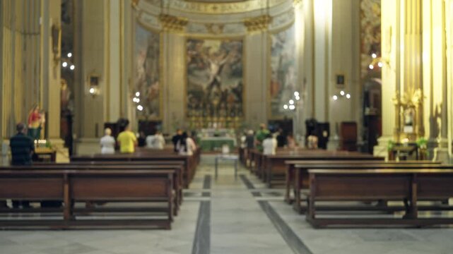 Blurred church interior with shallow bokeh focus on aisle and distant altar background; background template overlay virtual.