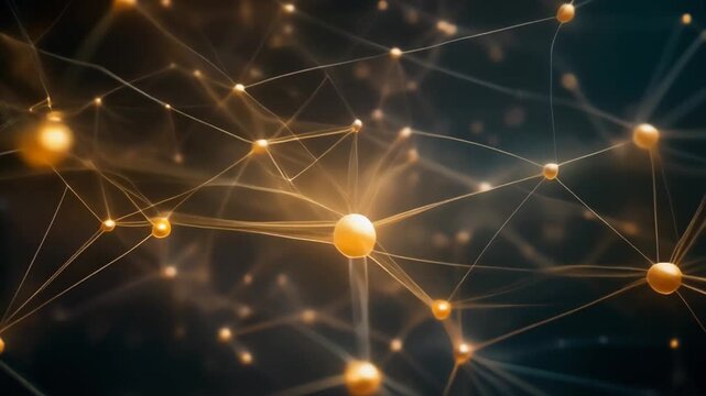 Abstract Geometric Network with Glowing Golden Nodes and Connected Lines