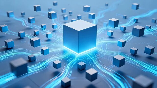 Digital blue glowing cubes connected by light paths in technology network space