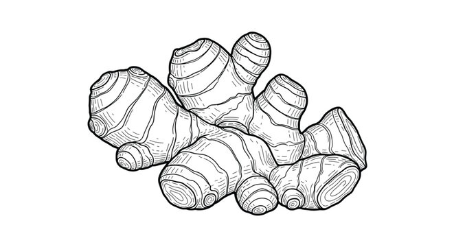 Detailed hand drawn ginger root black and white sketch illustration, healthy spice and medical herb concept.