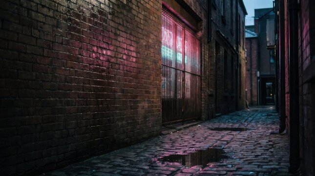 Dark Narrow Urban Alleyway with Wet Cobblestones and Vibrant Pink Neon Light Reflections on Brick Walls at Night