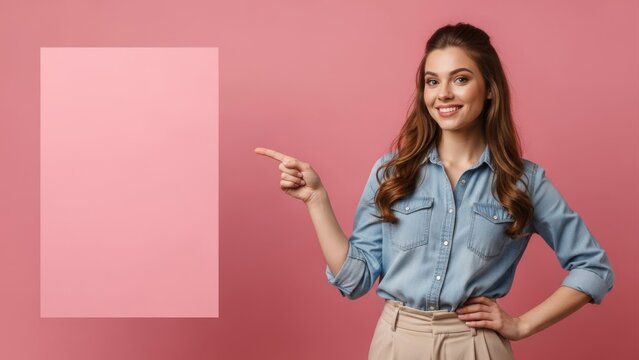 Smiling young woman in denim shirt pointing left towards blank advertising space on pink Wallpaper Background image