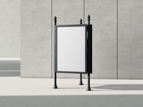 Modern Front View Steel Frame Blank White Poster Mockup on Concrete Floor 3D Render