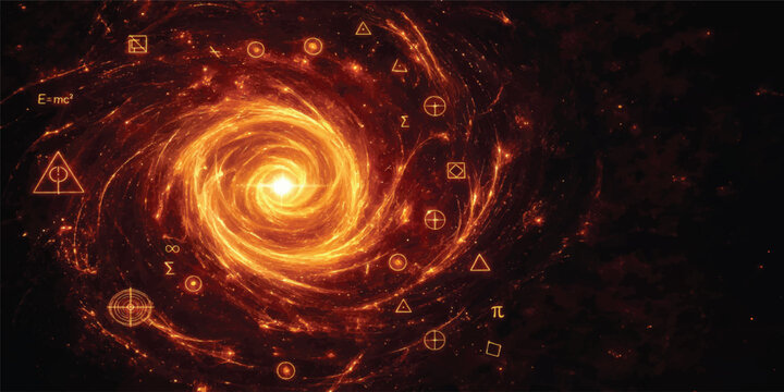Abstract red and orange fractal spiral vortex with swirling light in space and a dark cosmic background