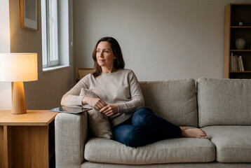 Obraz premium Middle Aged Woman Relaxing on Sofa at Home in Calm Living Room