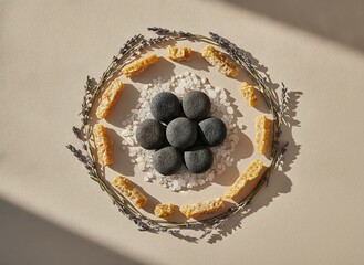 Obraz na płótnie Canvas Top view of spa stones, sea salt, dried lavender, and honeycomb pieces arranged in a circular pattern on a beige background