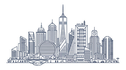 Obraz premium Modern Cityscape Outline Drawing - Urban Skyline with Tall Buildings and Bridge