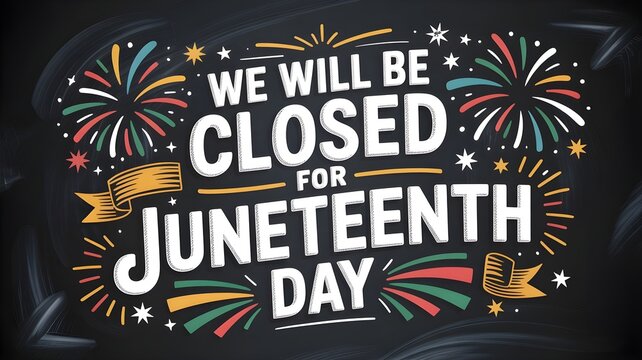 Juneteenth day closure sign, typography design with fireworks and festive elements on a chalkboard background, holiday celebration announcement concept